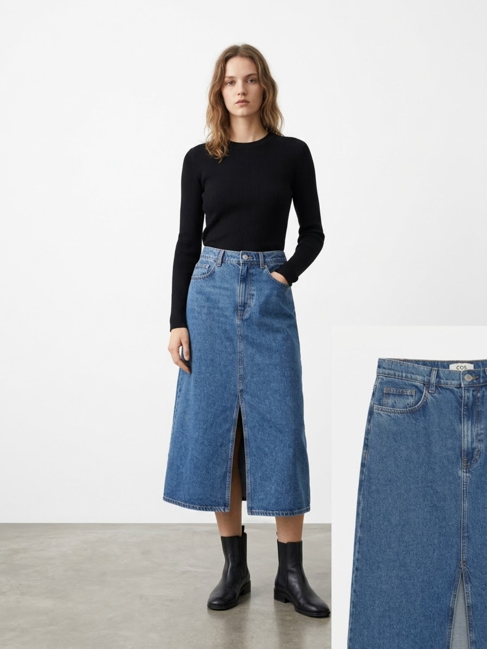 COS Medium Wash Denim A-Line Midi Skirt Front Slit High Rise | Size 6